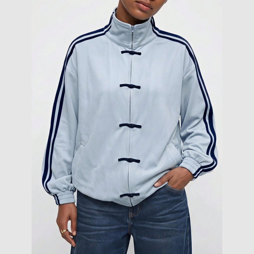 Sky Blue Track Jacket with Navy Stripes and Frog Closures - Picture 4 of 8
